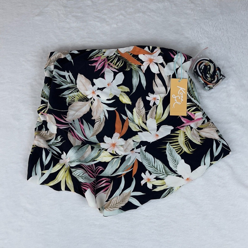 Kona Sol Tankini Top Women's Small Black Tropical Print Tiered‎ Bandeau Stretch